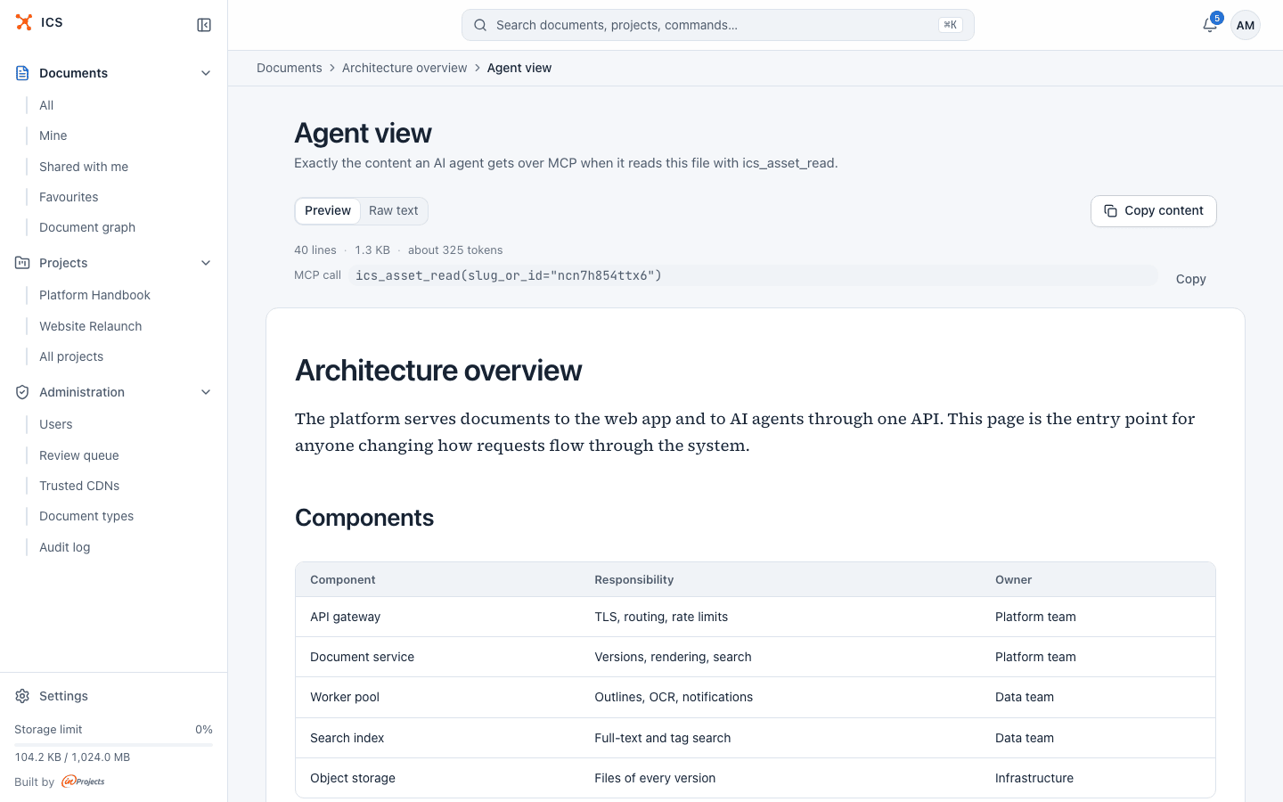 The Agent view of a document with the Preview and Raw text toggle and the matching ics_asset_read call