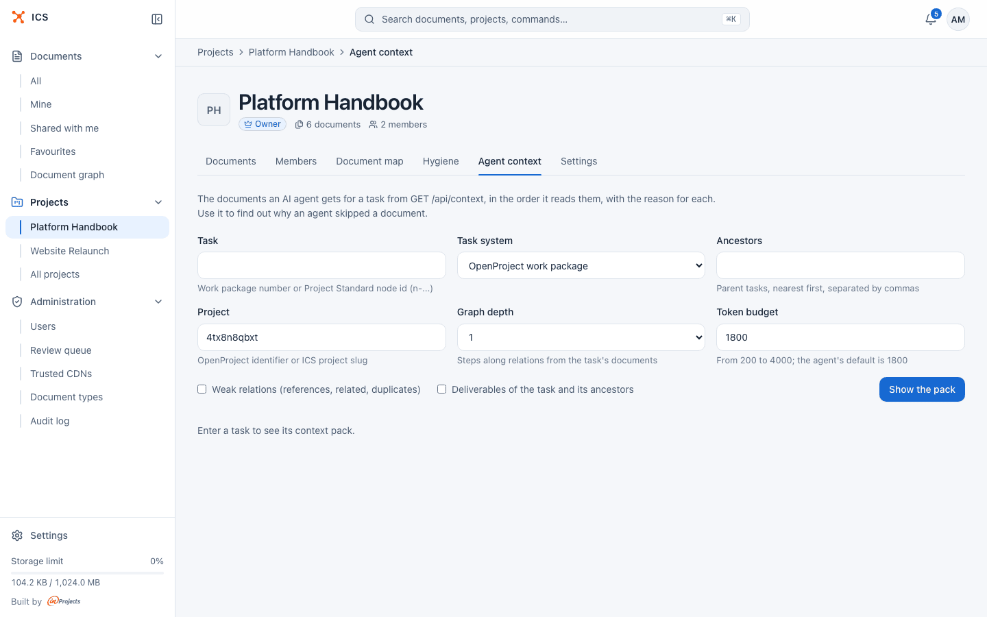 The Agent context tab of a project, with the task fields and the Show the pack button